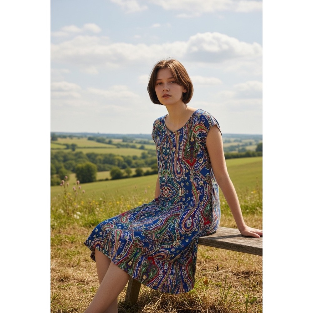 Lauren Ralph Lauren Womens size M blue Paisley Multi Floral Dress Stretch Jersey